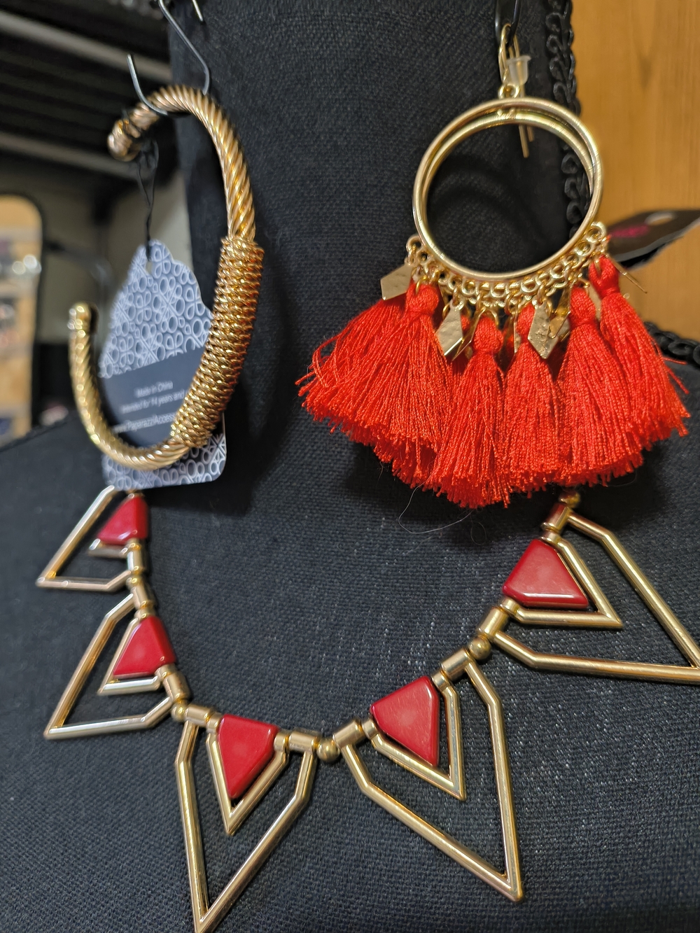 Gold Red Statement Set /Streetwear Glam Tassel Hoops/ Geometric Bold Urban Chic